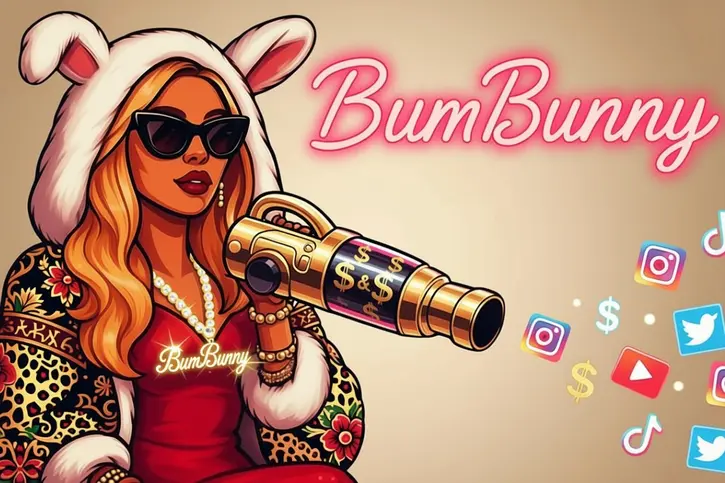 Иллюстрация персонажа BumBunny — женщины в стиле высокой моды с кроличьими ушами, в красном платье и меховой накидке с узорами, в солнцезащитных очках, с золотым пылесосом, символизирующим денежный поток и соцсети. Вокруг — иконки Instagram, TikTok, Twitter и долларовые знаки. Логотип BumBunny светится розовым неоном. Изображение представляет бренд BumBunny.ru — цифровой художник, архитектор брендов, создатель системы, где эстетика становится оружием. 